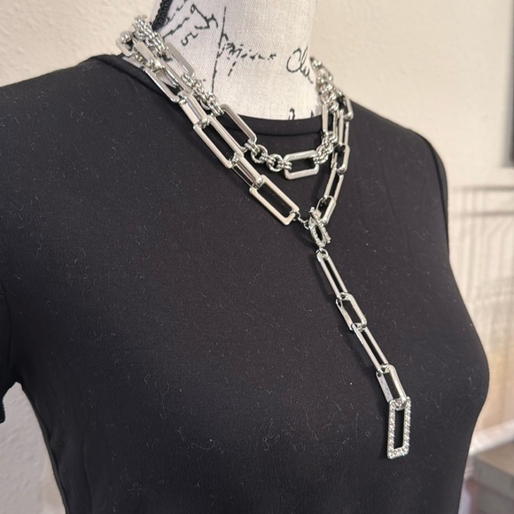 INC International Pavé Link Silver Layered Lariat Necklace - Picture 4 of 7